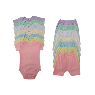 conjunto body manga curta e shorts bebe malha canelada