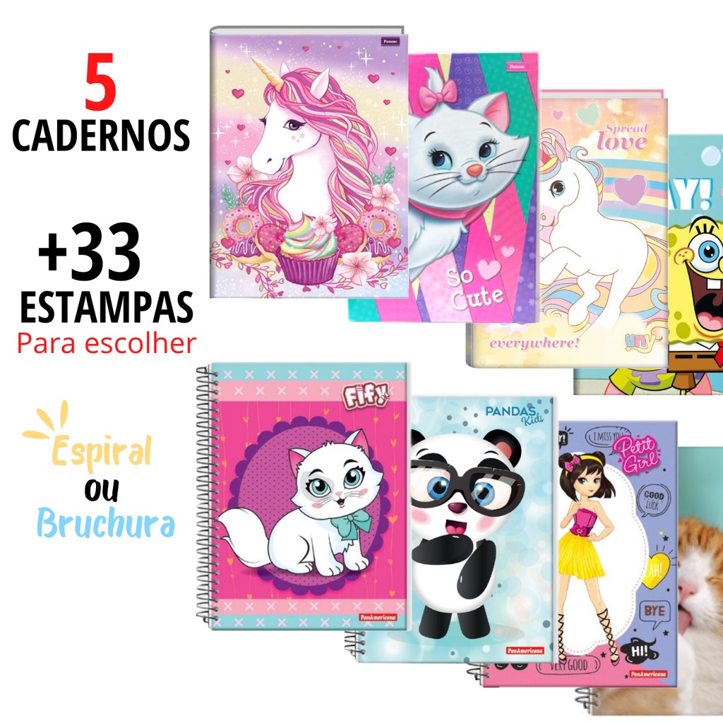 Kit 5 Caderno Escolar Infantil Brochura Espiral Menina 96 folhas Capa Dura Estampado