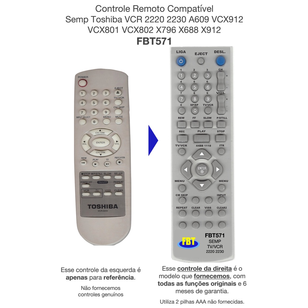 Controle Remoto Compatível Semp Toshiba VCR 2220 2230 A609 VCX912 VCX801 VCX802 X796 X688 X912 FBT571