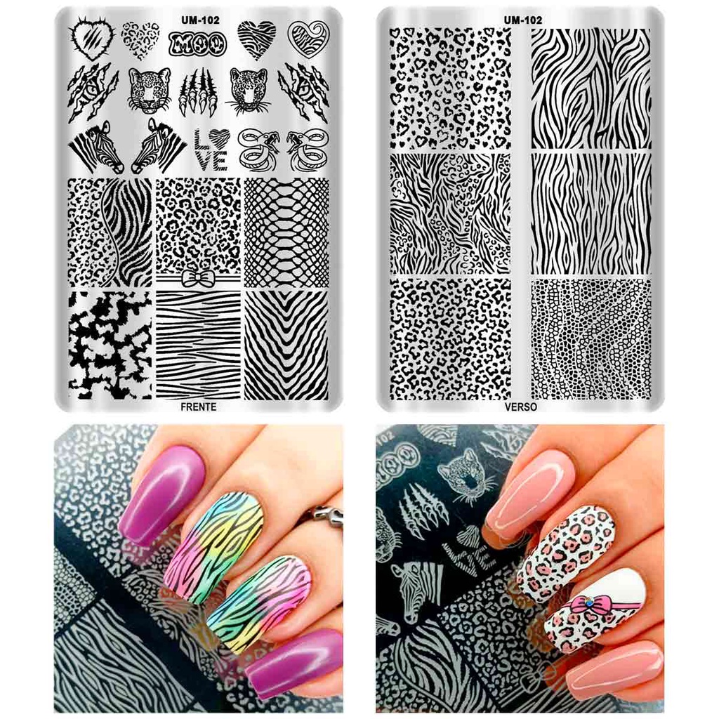 Placa Para carimbo De Unha Animal Print Dupla Face Modelo UM-102 -103 - 094 - 095 - 096 em Oferta na Shopee