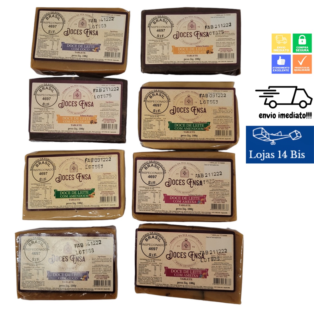 10 Barras Doce de Leite Ensa 100g Sabores Variados Sem Glúten Sul de Minas em Oferta na Shopee