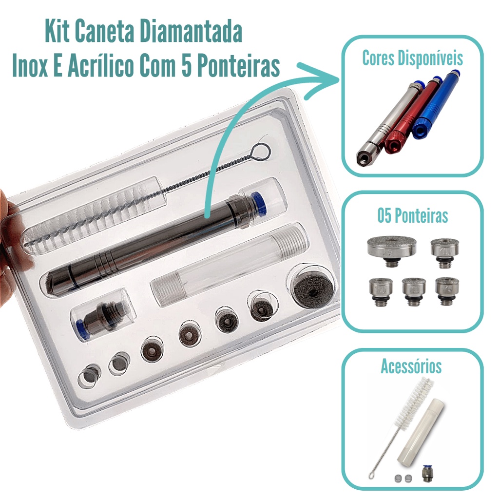 Caneta Diamantada INOX e ACRÍLICO com 5 Ponteiras - Ozotec