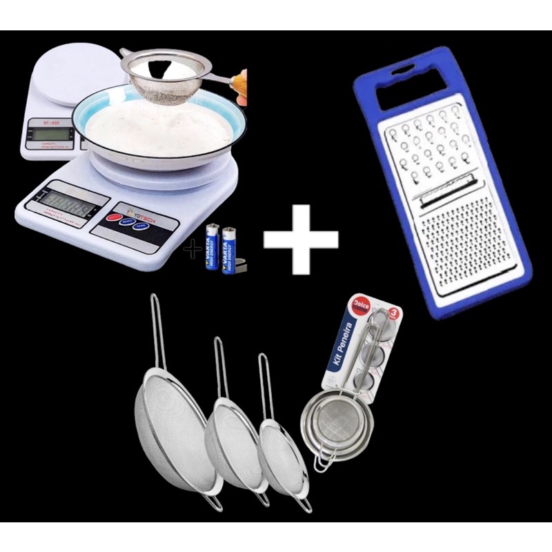 Balança Digital 123 util De Precisão Cozinha 10kg Dieta + Kit 3pçs Peneira de Aço Inox + Cortador Ralador Fatiador Dupla Face 3 Cortes