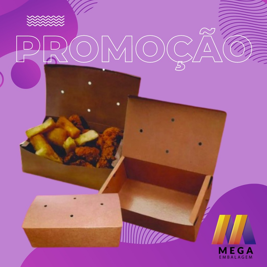 Embalagem Kraft para delivery com respiro 50 unidades com plastificação interna, respiro ideal para fritura