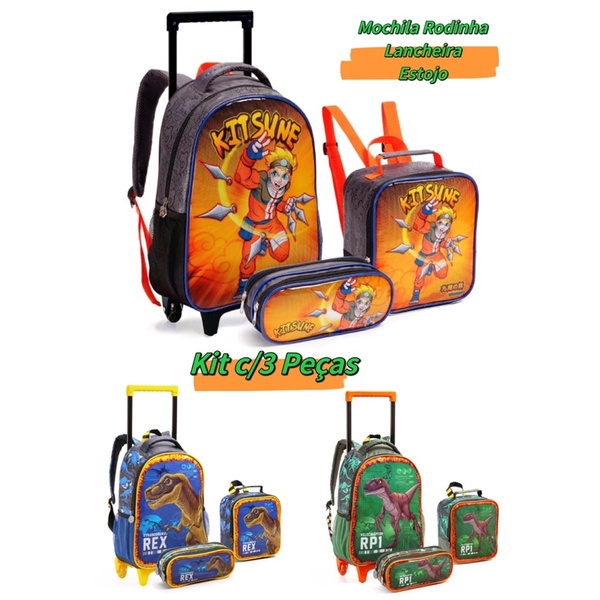 Kit Mochila Escolar De Rodinha Carrinho Lancheira Estojo Infantil Dinossauro Masculino Menino Garoto Presente