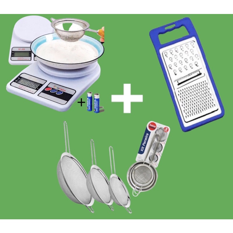 Balança Digital De Precisão Cozinha 10kg Dieta + Kit 3pçs Peneira de Aço Inox + Cortador Ralador Fatiador Dupla Face 3 Cortes