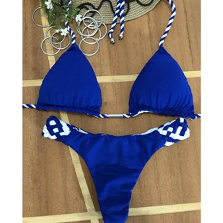 Biquini todo dupla face - sutiã cortininha com bojo e calcinha empina bumbum semi fio - azul royal com branco