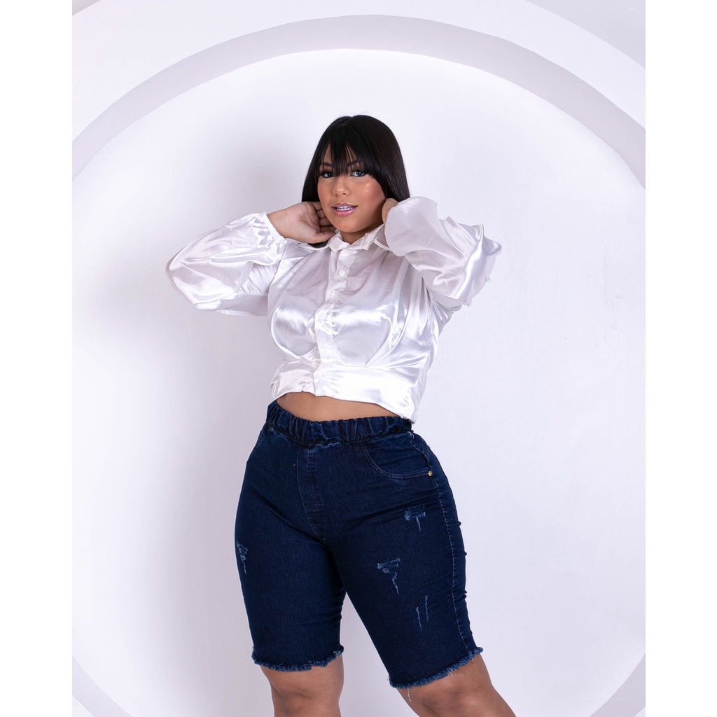bermuda jeans feminina plus size longa cós alto barra desfiada com lycra e elástico qualidade premium