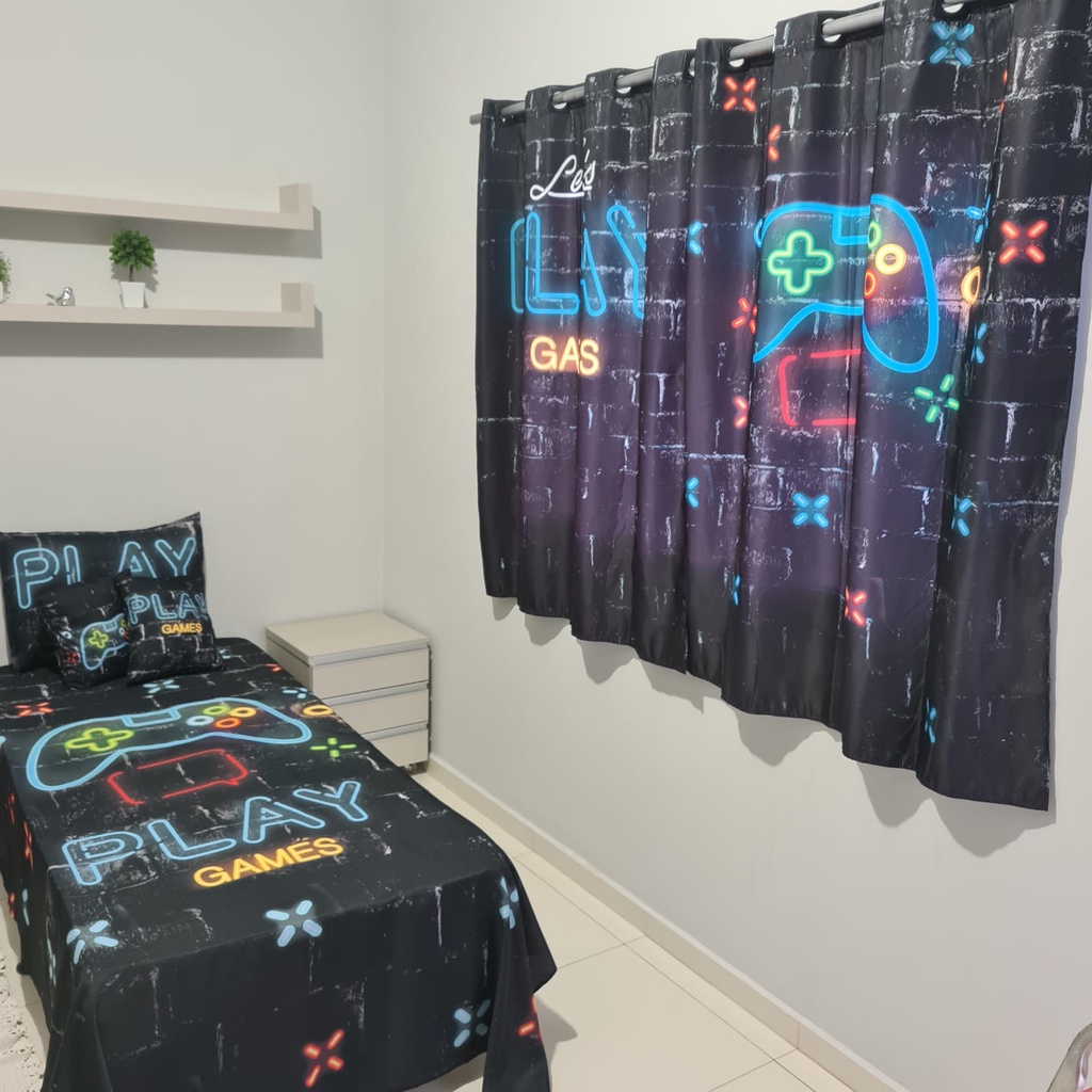 Jogo De Quarto Infantil Colcha+ Cortina Tema Games 05 Pç em Oferta na Shopee