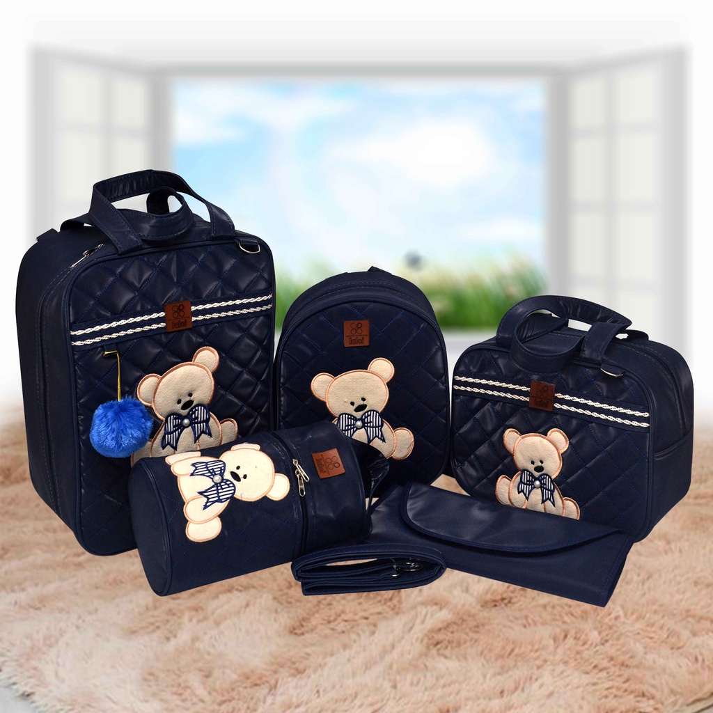 Kit Bolsa/Mochila Maternidade Masculino/Feminino 5 Peças Azul Escuro Urso e Mais Cores