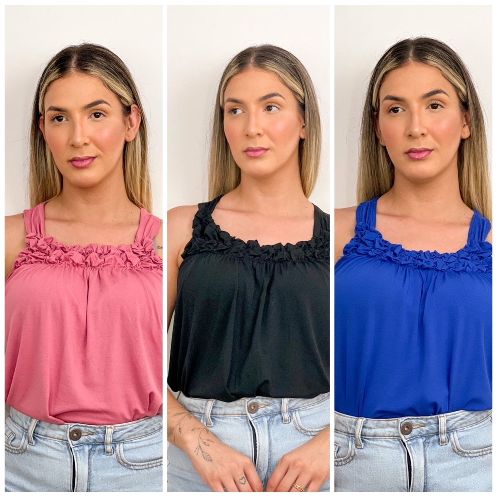 Kit 3 Blusas femininas Regata Franzida em Oferta na Shopee