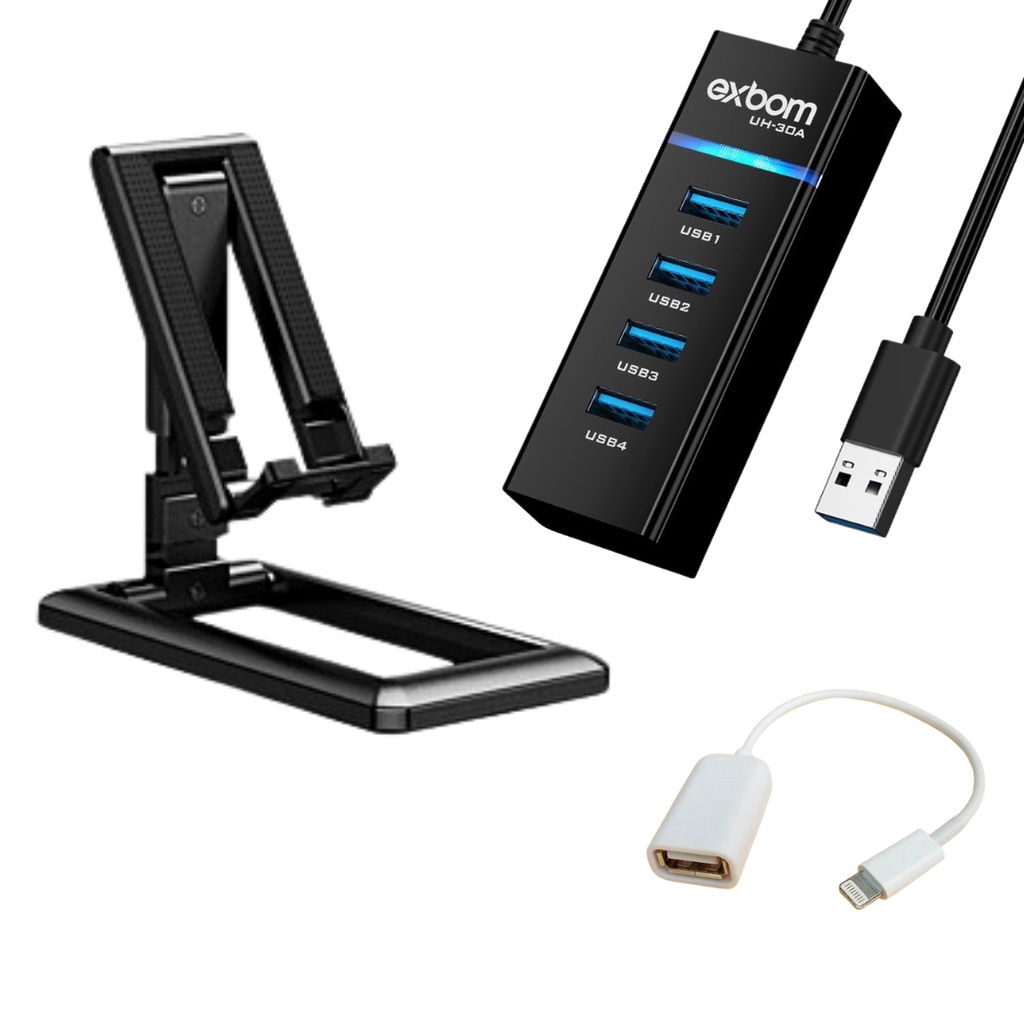 Transforme seu celular Kit Mobilador Para Celular Bom Hub 3.0 4 Portas + Cabo Otg Lightning p/ Iphone + Suporte/ Tripé ajustável para celular para Teclado e mouse