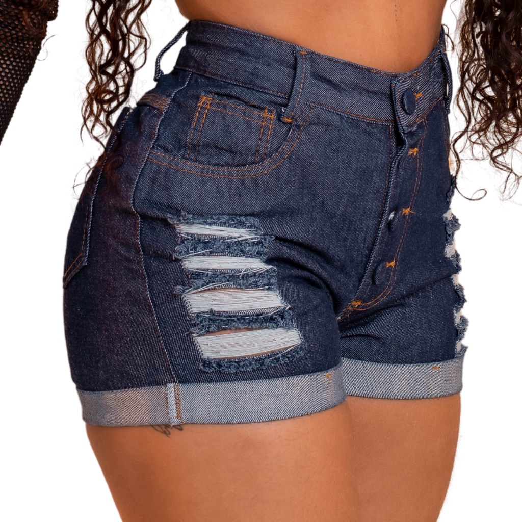 Short Barra Dobrada Short Jeans Cintura Alta Azul Marinho