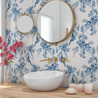 Papel de Parede Adesivo Floral Flores Pássaros Provençal Azul SSFL-056 em Oferta na Shopee