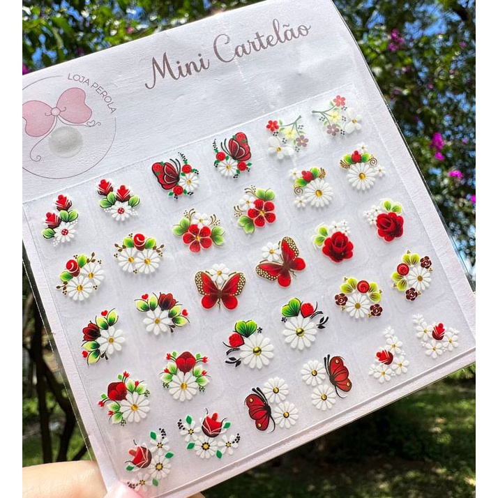 MINI CARTELÃO adesivos para unhas com 30 UNIDADES - Margaridas, borboletas e florzinhas-VERMELHA em Oferta na Shopee