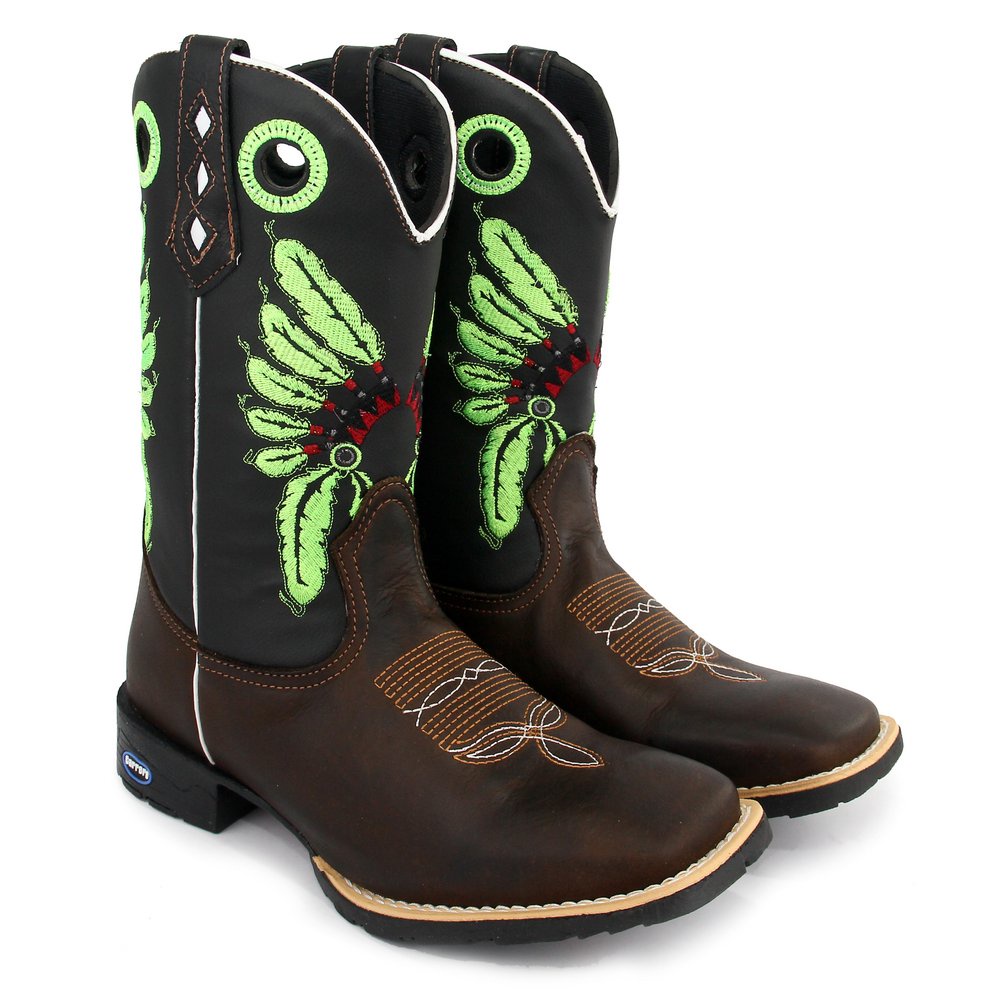 Bota Botina Texana Cano Longo Sola Borracha Country Bordado Bico Quadrado