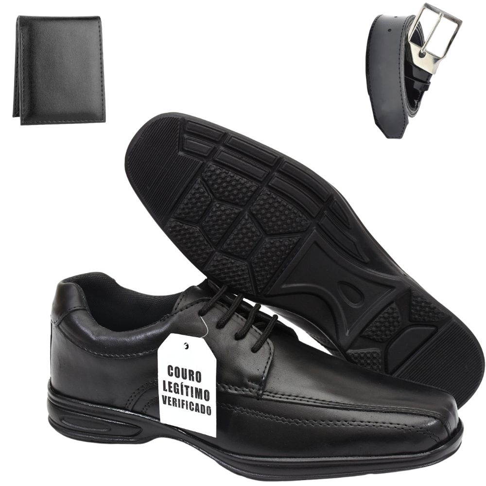 Sapato Social Masculino Couro Anti Estresse Palmilha Confort Gel + Cinto Masculino + Carteira