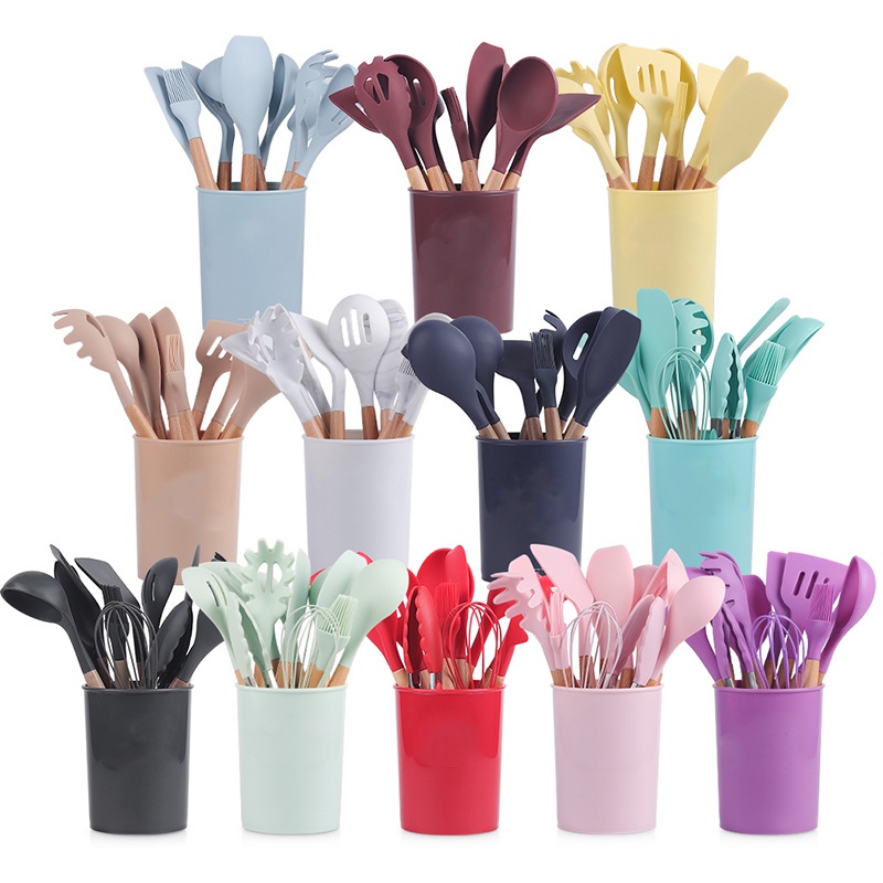 Jogo Kit C/12 Peças Utensílios De Cozinha Colheres Espatula Silicone Cabo Madeira Decoração Livre BPA - SUPER PROMOÇÃO