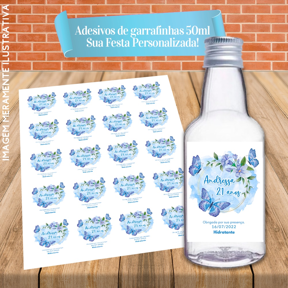 Rótulos Adesivos Personalizadas para Garrafinhas de 50ml 4x4,5cm Borboletas Floral Azul