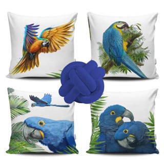 Kit c/ 4 Capas de Almofada Decorativas 42x42 + 1 Almofada de Nó Kit Arara Azul