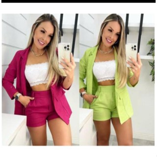Conjunto Blazer e Short Alfaiataria Feminino Tecido Linho