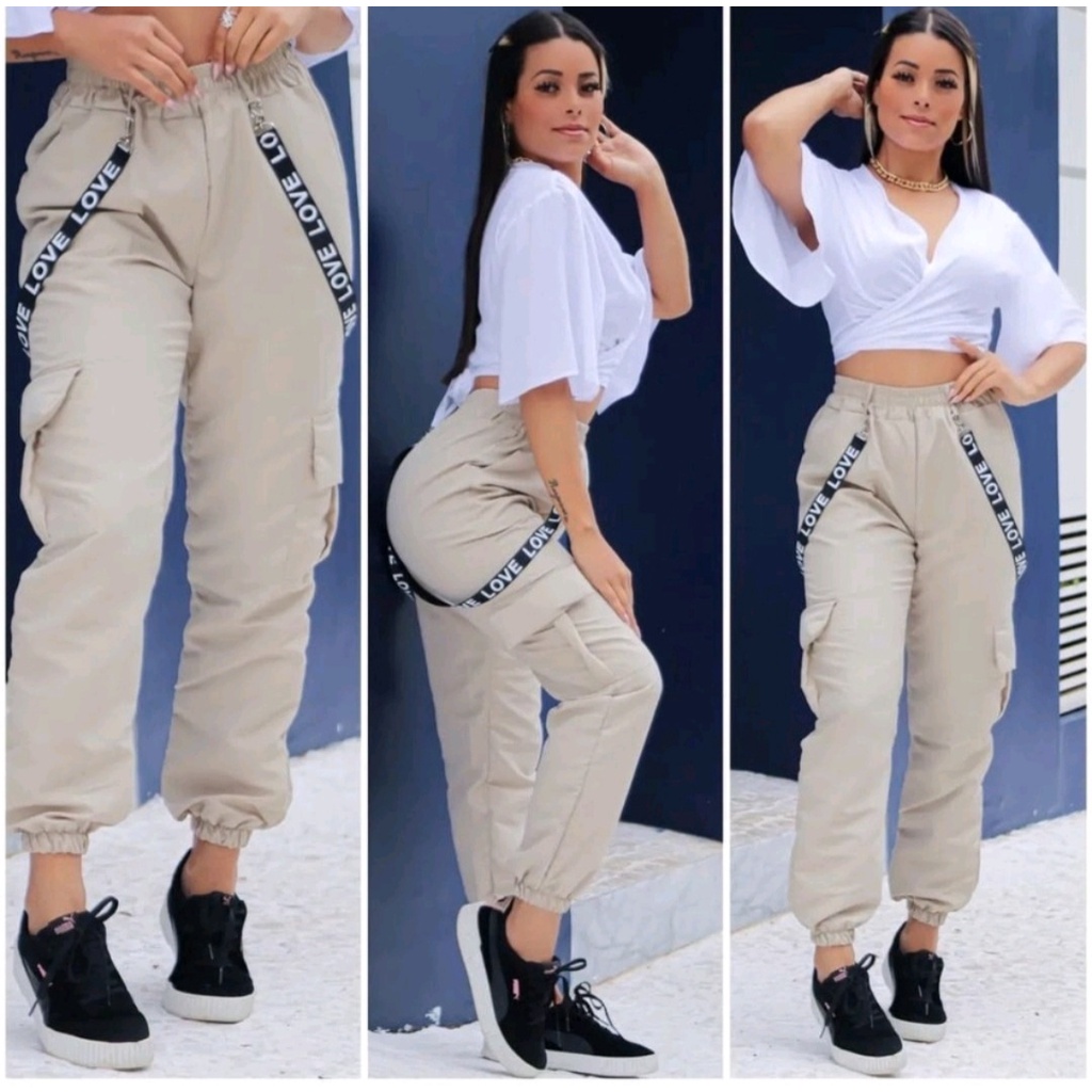 Calça Jogger Cargo Feminina Tactel com suspensório e bolsos Laterais