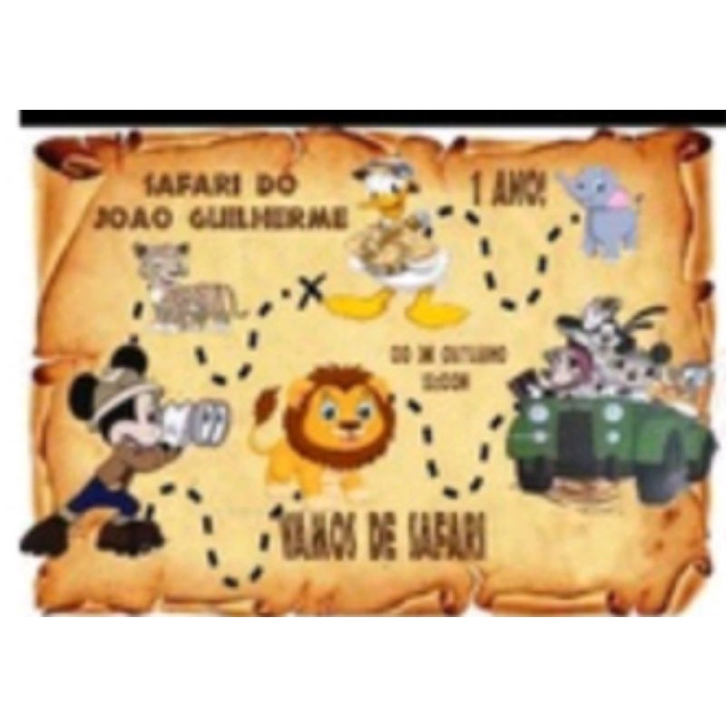 10 convites papiro Mickey safari com laço