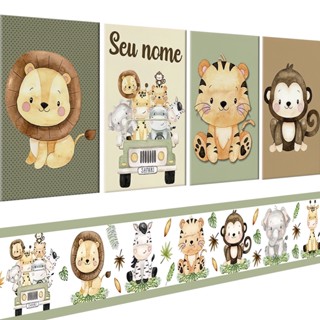 Kit Quadros Decorativos Safari Baby Personalizado Com Nome + Faixa Adesiva de Parede