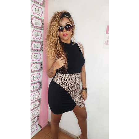 Vestido tubinho moda plus size moda gestante/grávida preto e oncinha