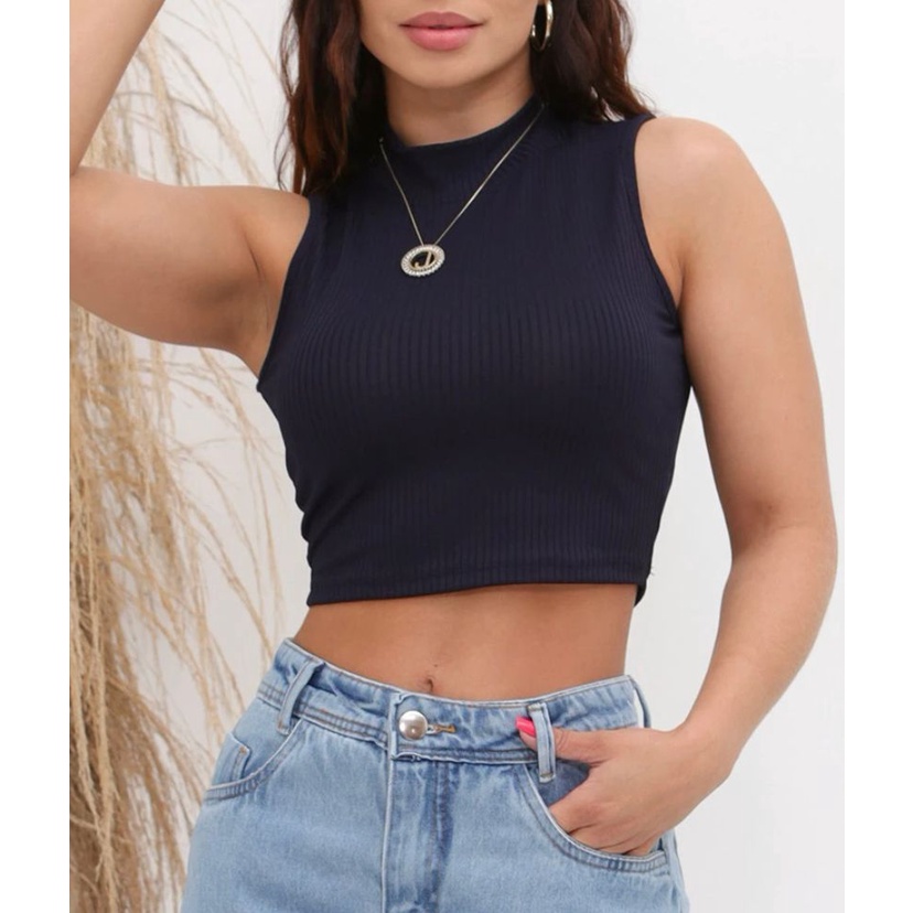 Blusa Cropped canelado gola alta cavado feminino confortável moderna bem