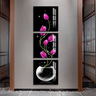 Quadro Decorativo 3 peças modular vaso com tulipas roxas flores arte pintura varanda corredor versão vertical casa em Oferta na Shopee