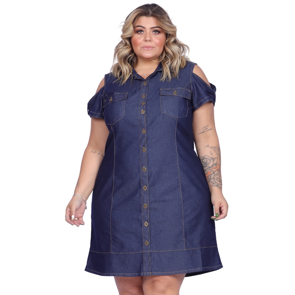 Vestido Jeans Plus Size Evangélico Feminino Sem Lycra Manga Botões