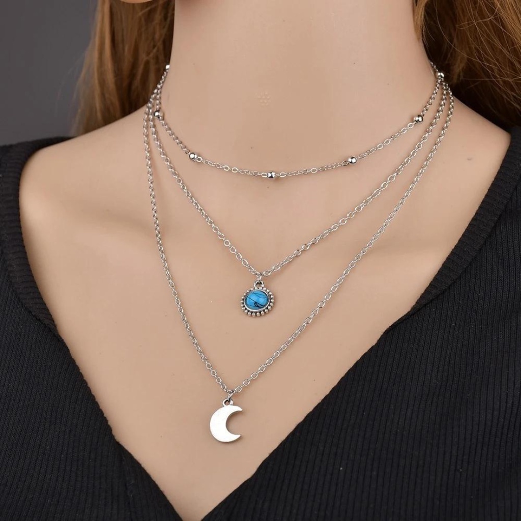 Colar Pedra de Opala Triplo Pedra Azul Peça Importada Corrente Gargantilha Prata Feminino Pedra de Opala Gargantilha Prata Pedra de Opala Choker Elos Feminina Colar Longo, Lindo E Delicado Choker Elos Feminina Prateada