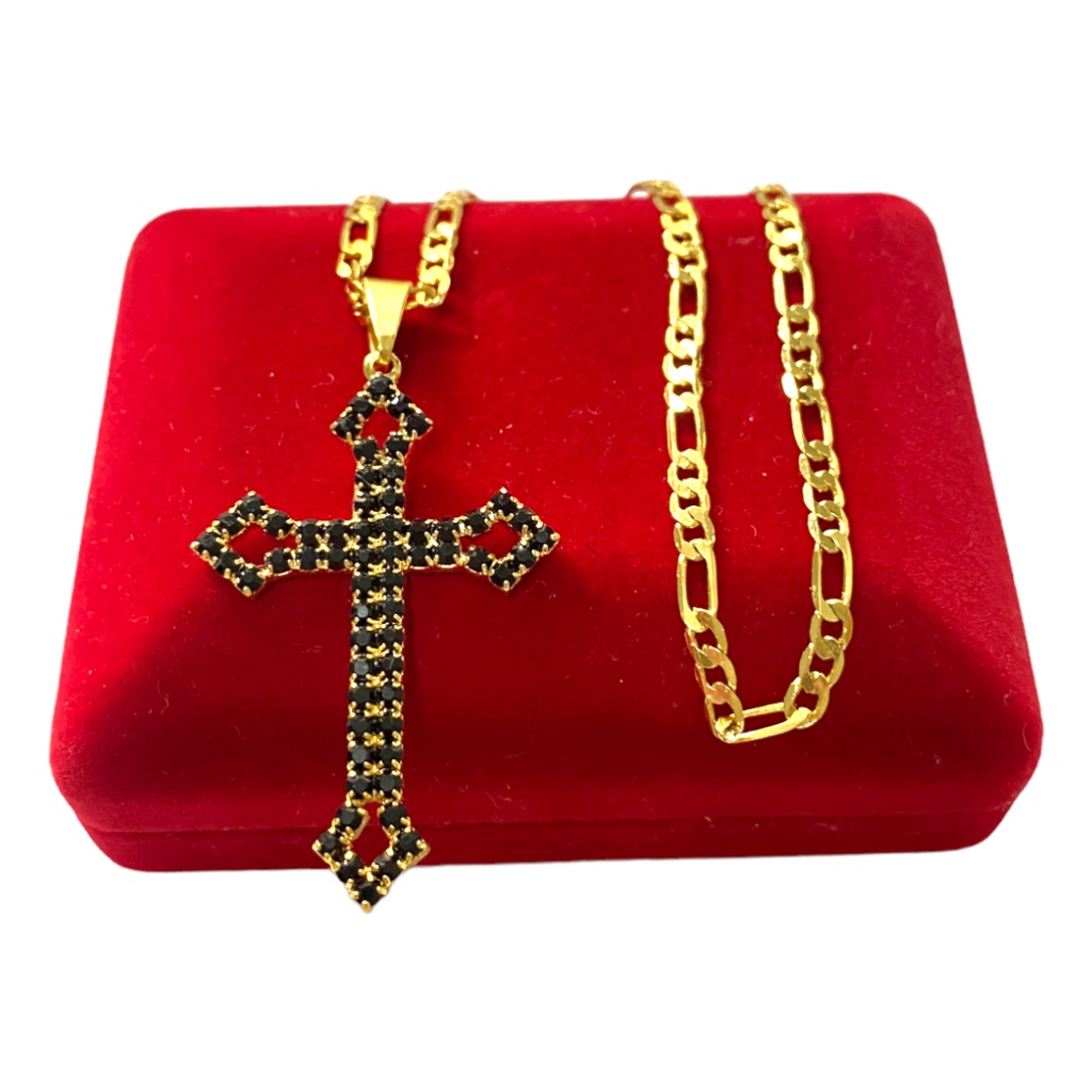 Cordão Banhado em Ouro 18K 3x1 3MM - CRUZ COM ZIRCÔNIA -  BANHO DE OURO 18K - UNISSEX