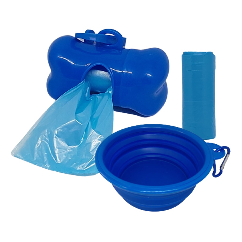 Kit Passeio Cata Caca Pet com Bebedouro Comedouro Silicone Retrátil Portátil