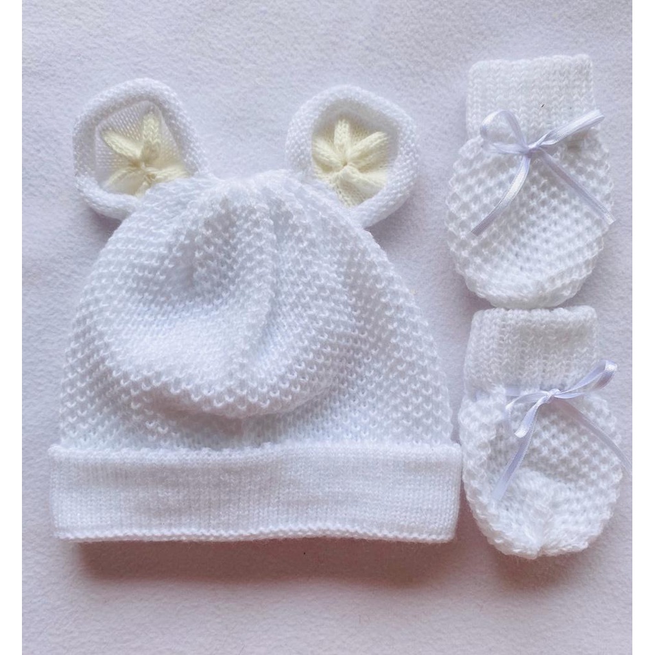 Touca/ Gorro, Orelhinha urso Em Tricô Linho Bebê COM LUVAS