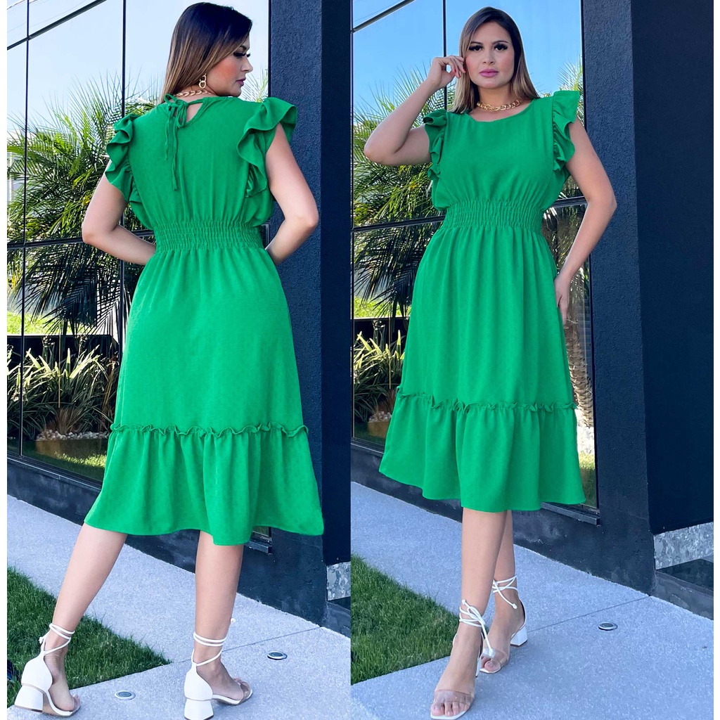 Vestido Midi Feminino Luxo Manga Babado Moda Verão