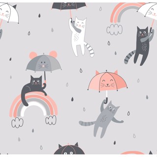 Papel De Parede Adesivo Lavável sala Gato Guarda Chuva Fofo 5m