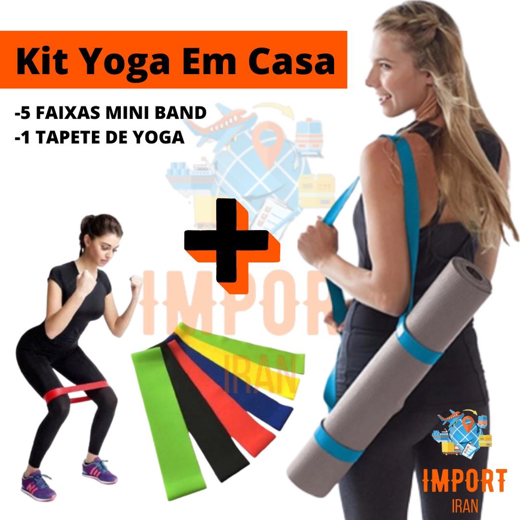 Kit Yoga Em Casa Pilates Fitness Tapete EVA Ginástica 1,00x0,50 + Kit com 5 Faixas Elásticas Mini Band