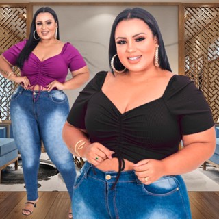 Cropped Regulagem Plus Size Manga Princesa Ciganinha Bufante Canelado Vira Blusa Canelado GG