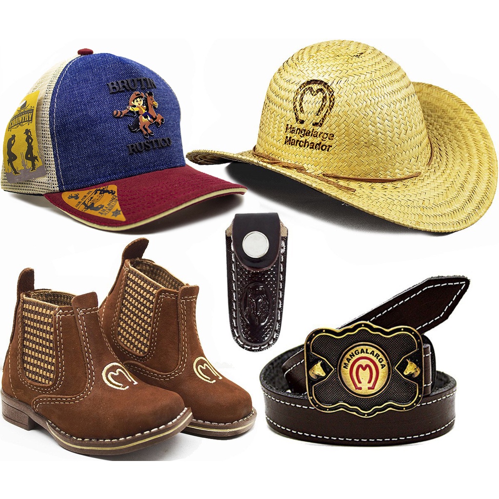 Kit Infantil Botina Infantil Country + Chapeu + Bone + Cinto + Bainha