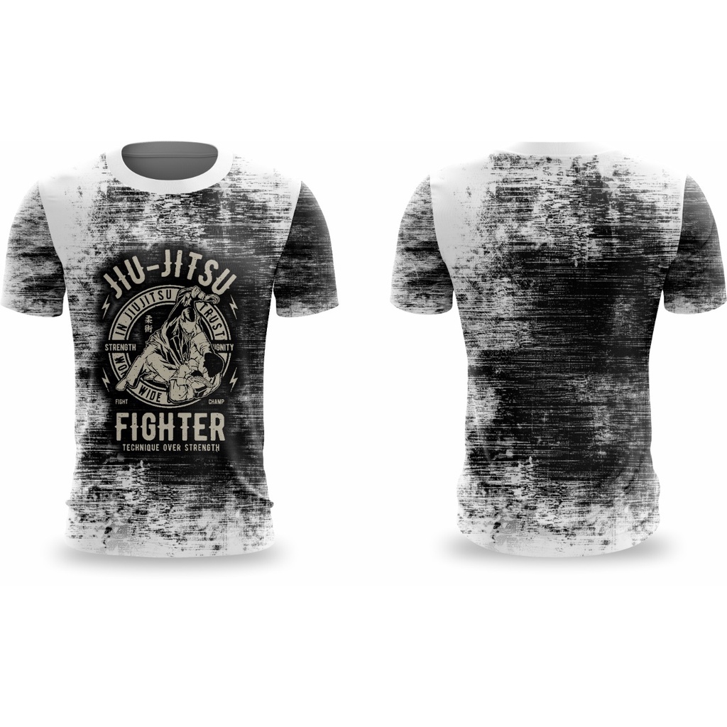 Camiseta Jiu Jitsu Fighter Branca Camisa BJJ Masculina Treino Luta Academia Esportiva Estampada Kimono Jiu Jitsu