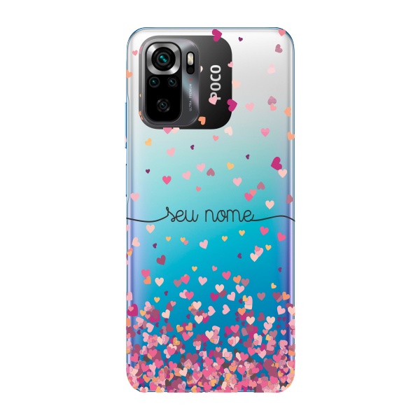 Capinha para Xiaomi Poco M5s Anti Impacto Personalizada - Chuva de corações rosa com nome