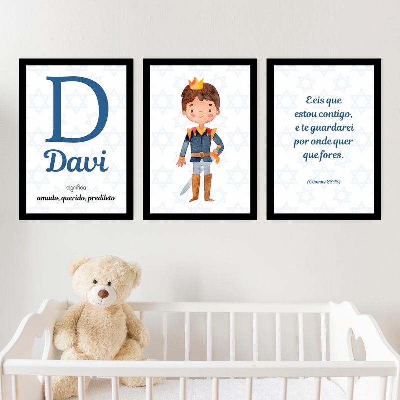 Kit 3 Quadros Decorativos Infantil Personalizado Nome Bebê Para Quarto Ou Porta Maternidade Rei Davi