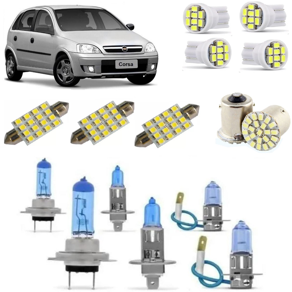 Kit Led's e Super Branca Farol Baixo Alto e Milha 8500K Corsa Hatch