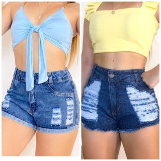 Kit 2 Shorts Jeans Feminino Cintura Alta Destroyed Levanta Bumbum Hot Pants