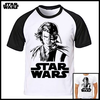 Camiseta Star Wars Anakin Skywalker e Darth Vader Branca Blusa Raglan