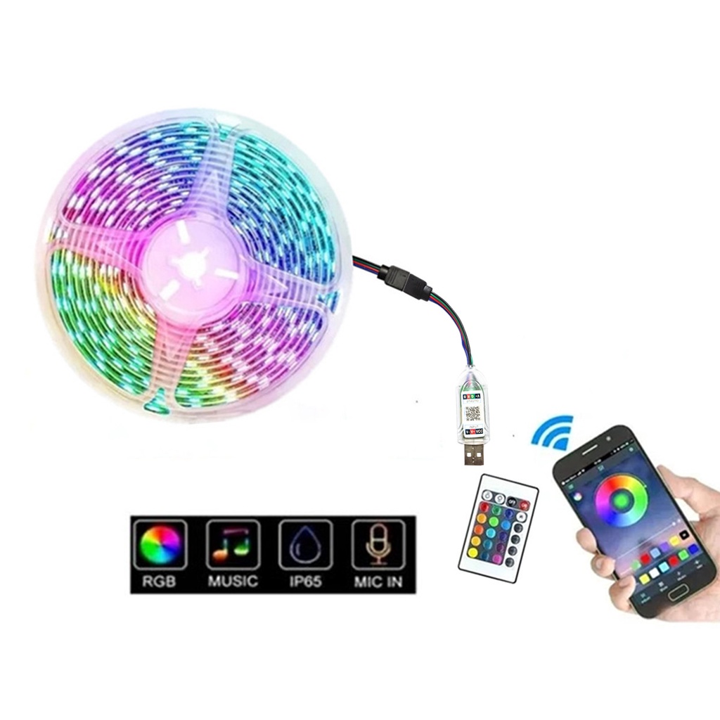 Fita Led 5050 Rgb 5m Bluetooth Ritmo Musical Controle App Android IOS luz ambiental veicular em Oferta na Shopee