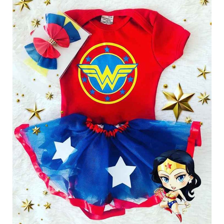 Body Bebê Mulher Maravilha + Saia Tule + Laço Temático Mesversario Menina Fantasia Heroina – Kit