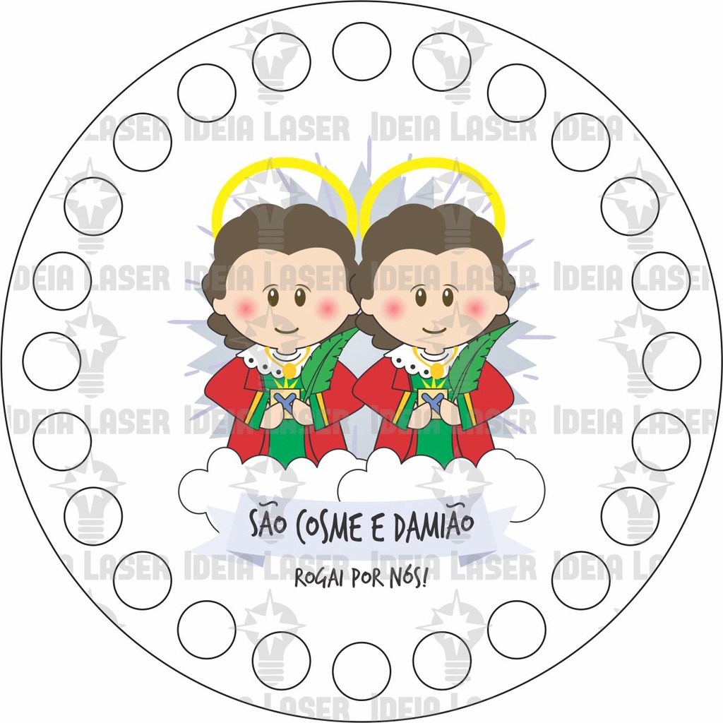 Base MDF Fio de Malha Crochê Redonda Santinhos - São Cosme e Damião